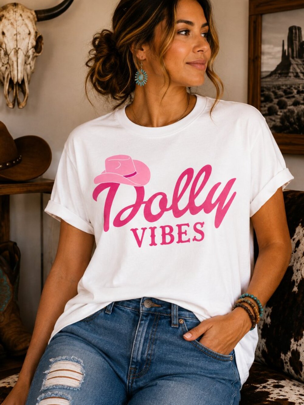 Dolly Vibes Western Graphic T Shirt Trendy Boutique Style Tee Womens White